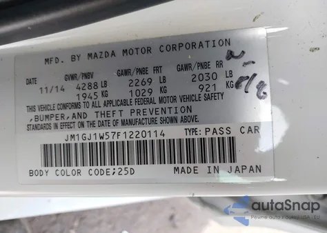 2015 Mazda Mazda6 I Grand Touring z USA, uszkodzony, nr VIN JM1GJ1W57F1220114